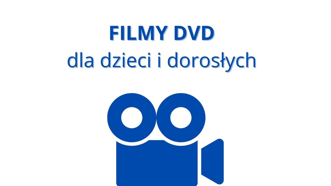 Napis Filmy DVD dla dzieci i dorosłych. niebieska kamera