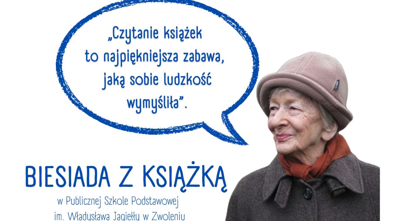Postać Wisławy Szymborskiej oraz jej cytat „Czytanie książek to najpiękniejsza zabawa, jaką sobie ludzkość wymyśliła”.