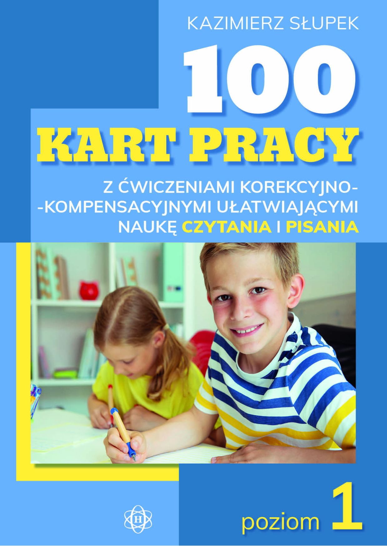 Okładka książki o tytule 100 kart pracy z ćwiczeniami korekcyjno-kompensacyjnymi ułatwiającymi naukę czytania i pisania : poziom 1 