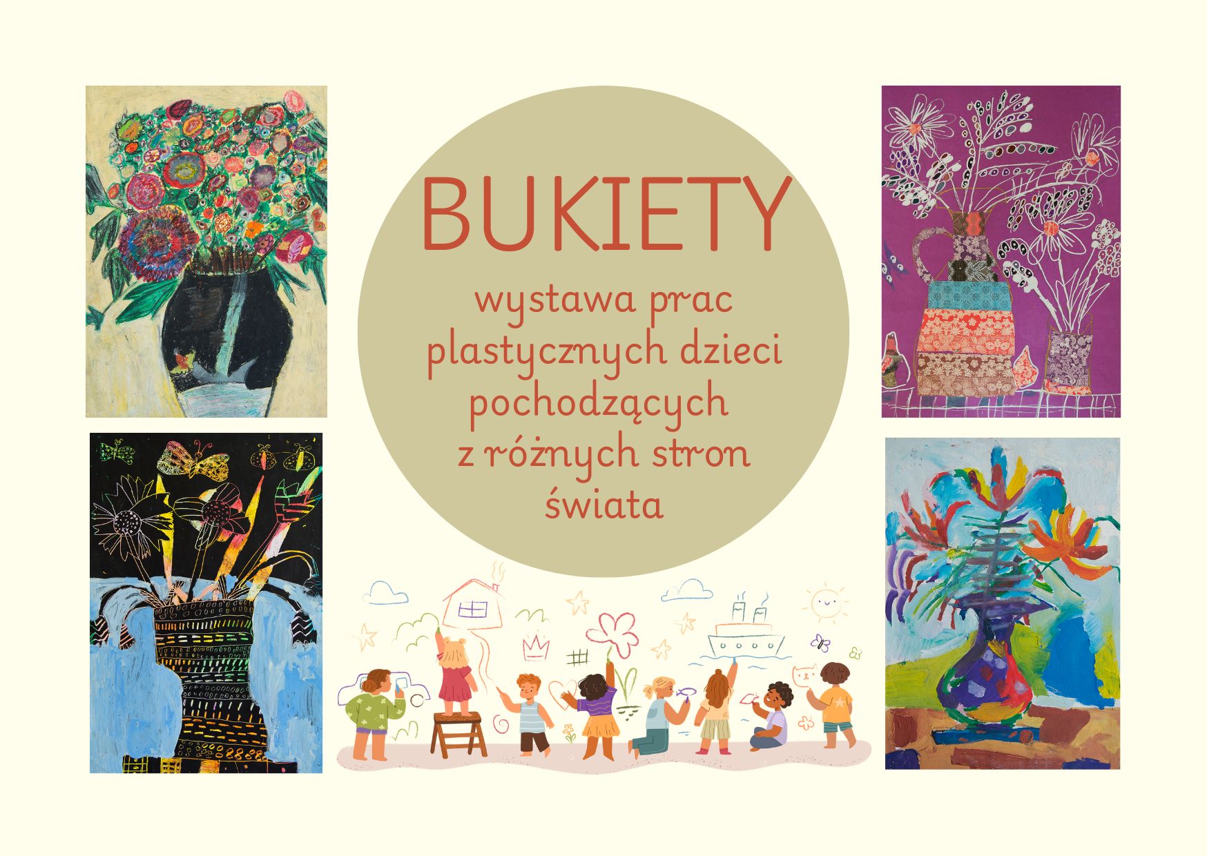 Zaproszenie do biblioteki na wystawę prac plastycznych dzieci pochodzących z różnych stron świata