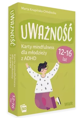 Ilustracja przedstawiająca pudełko gry edukacyjnej o tytule Uważność. Karty mindfulness dla młodzieży z ADHD (12-16 lat)