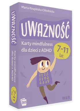Ilustracja przedstawiająca pudełko gry edukacyjnej o tytule Uważność. Karty mindfulness dla dzieci z ADHD (7-11 lat)