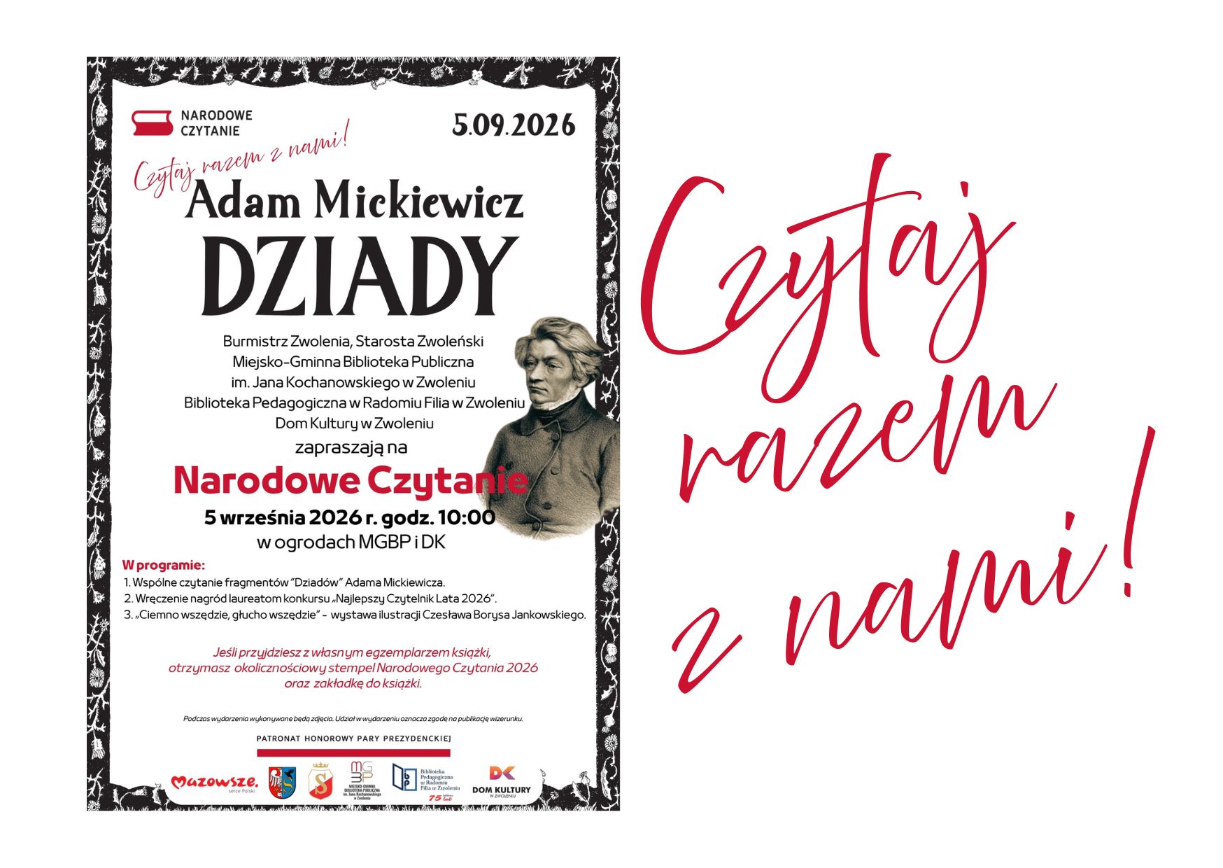 Plakat Narodowe Czytanie. Zaproszenie na wydarzenie, które odbędzie się 5 września 2026 roku w ogrodach MGBP i DK w Zwoleniu