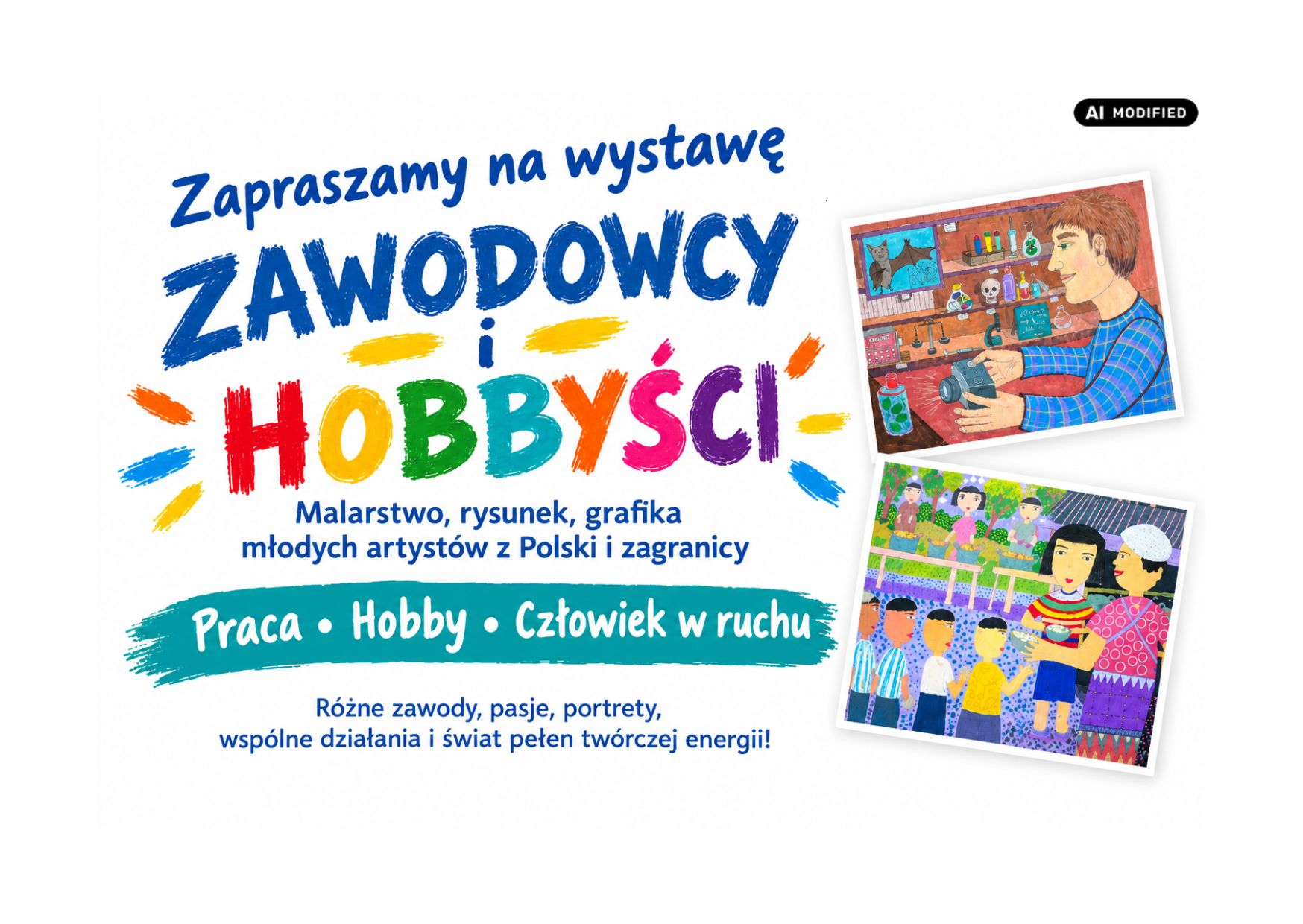Zaproszenie na wystawę prac plastycznych pochodzących z Galerii i Ośrodka Plastycznej Twórczości Dziecka w Toruniu. Tytuł wystawy "Zawodowcy i hobbyści"